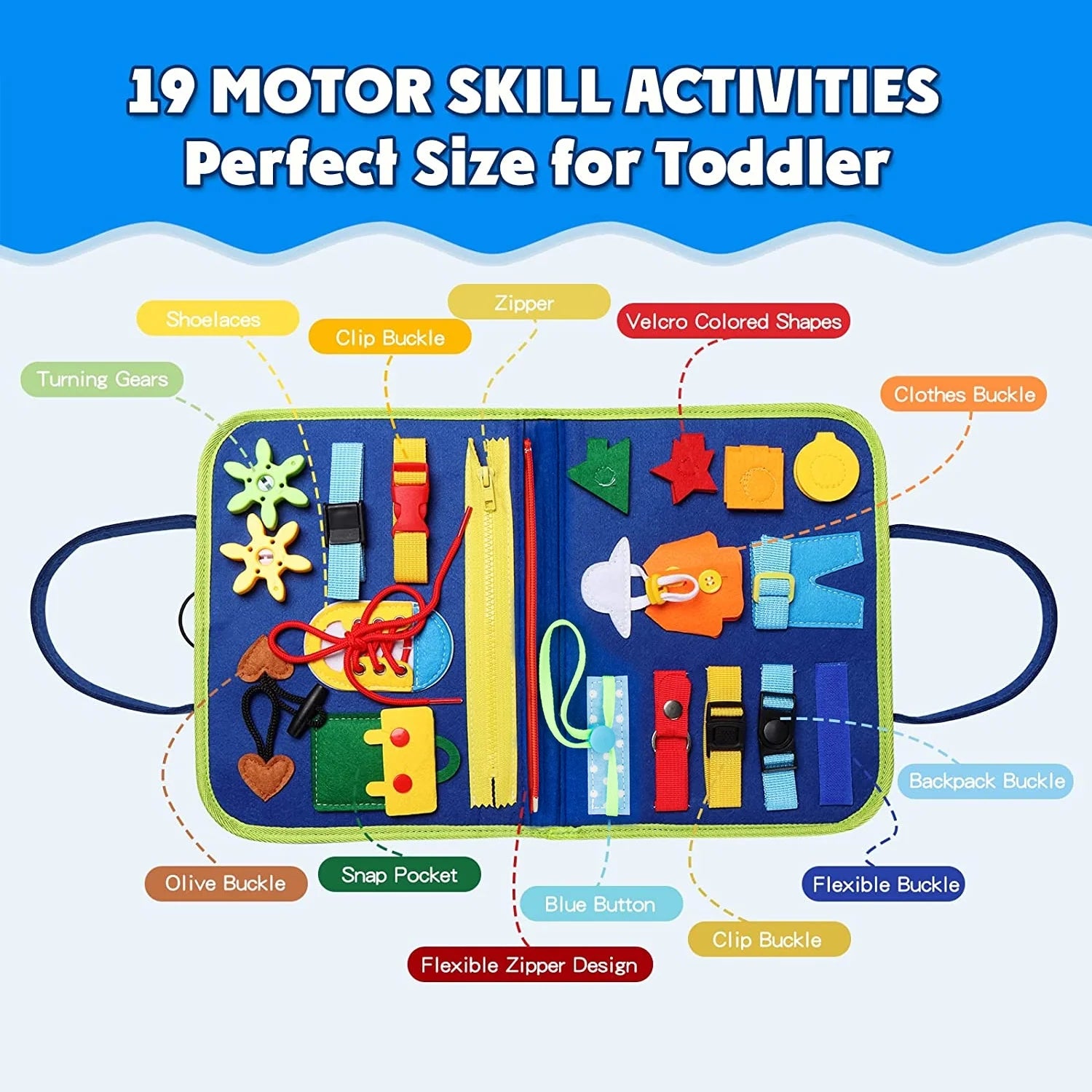 Blue Montessori Sensory Board Preschool Learning Toys for Toddlers, Educational Activity Developing Busy Board Toys for Basic Dress Fine Motor Skills