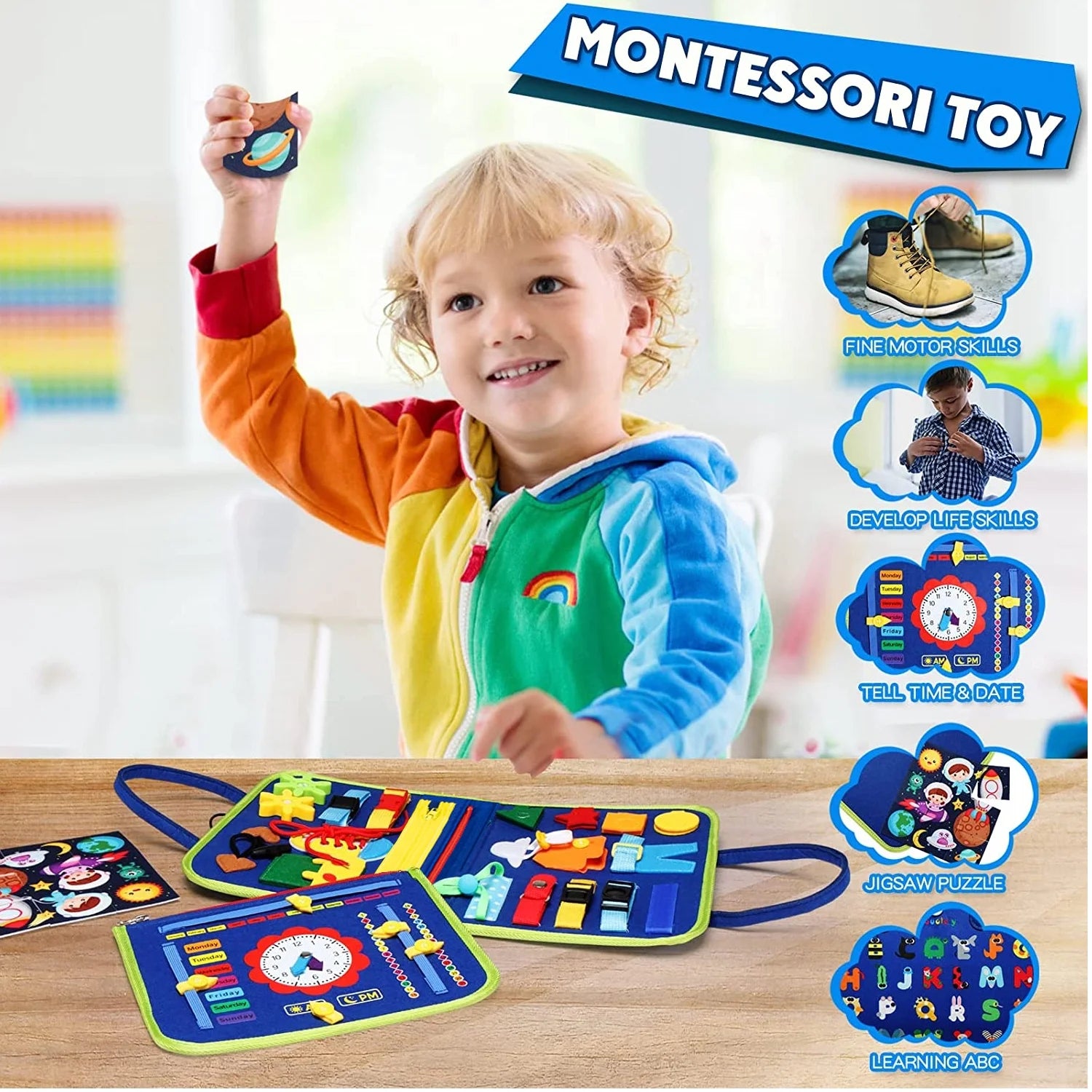 Blue Montessori Sensory Board Preschool Learning Toys for Toddlers, Educational Activity Developing Busy Board Toys for Basic Dress Fine Motor Skills